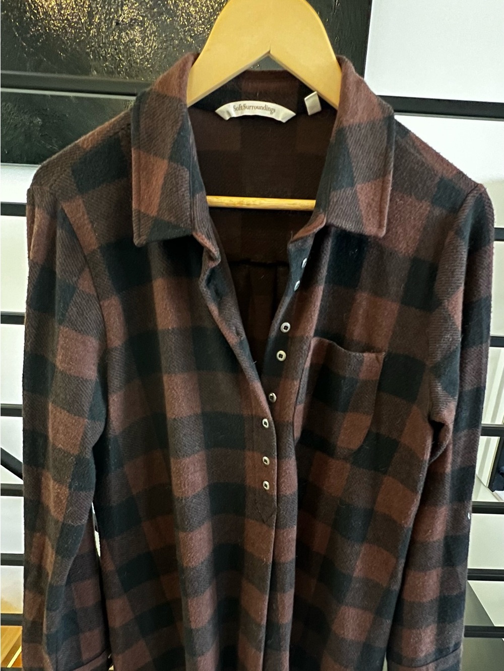 Soft Surroundings Brown and Black Buffalo Plaid Snap-Front Top